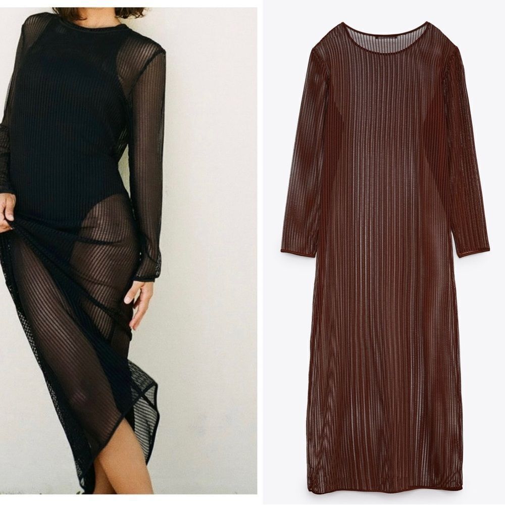 𝅺ZARA brown Long sleeve mesh stretchy dress Sz S-M NWT